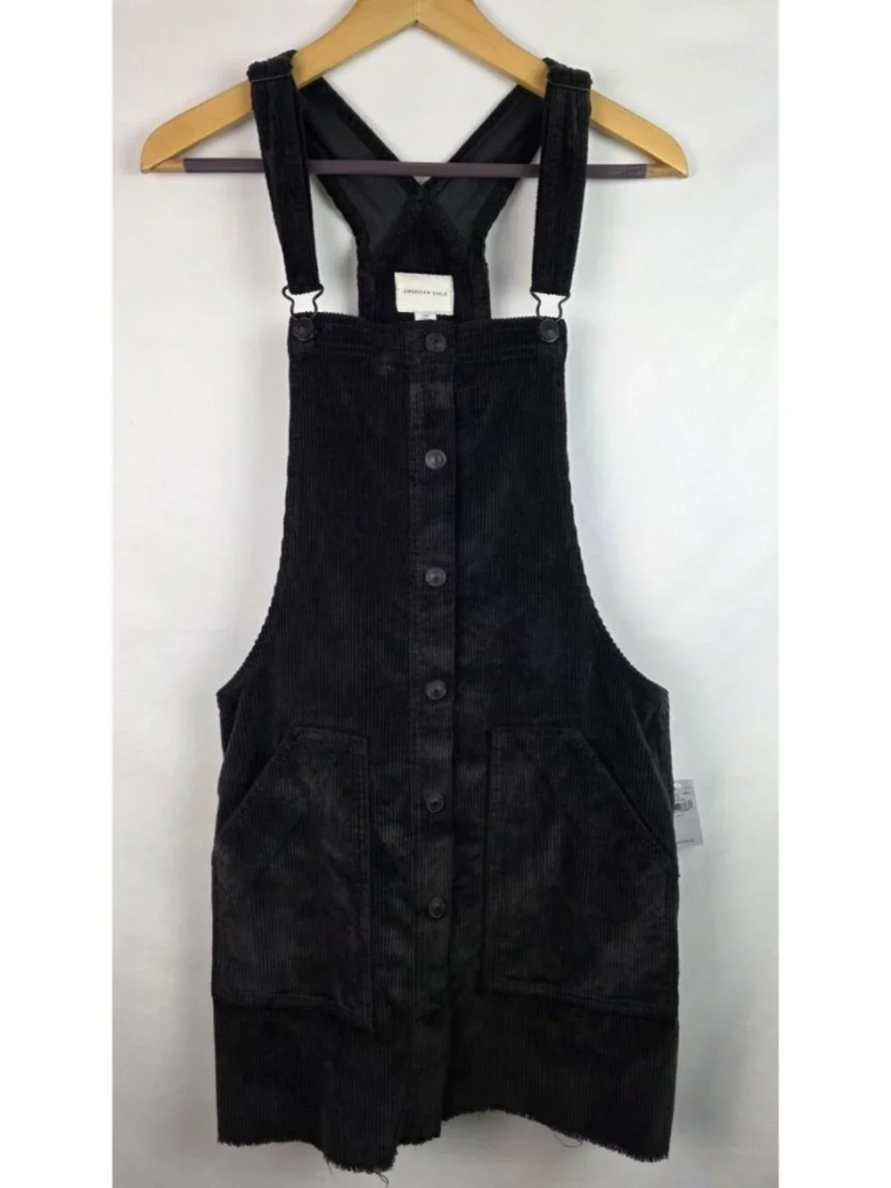American Eagle Overall Dress Size Large Black Frayed Corduroy Jumper Mini Dress - Picture 11 of 11